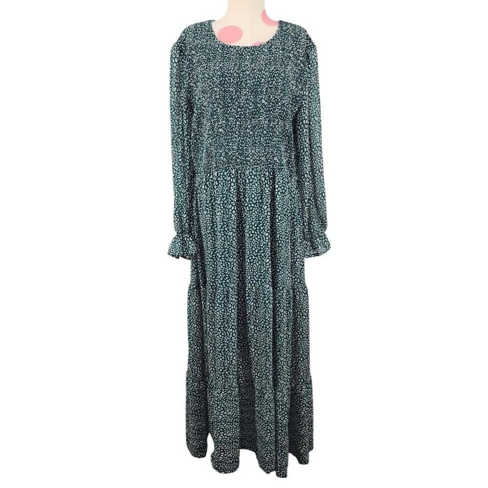 Women's Fashion Green White Leopard Print Maxi Dress Smocked Ruffled XXL Flowy